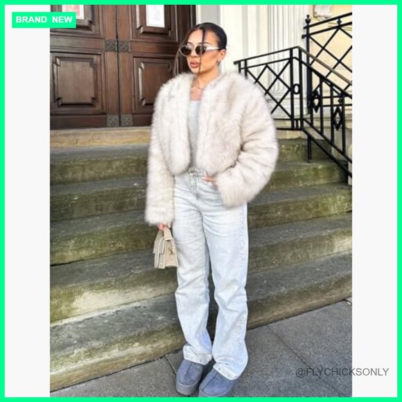 Faux Fur Coat Cropped Jacket Open Front Winter Outerwear - Picture 3 of 6